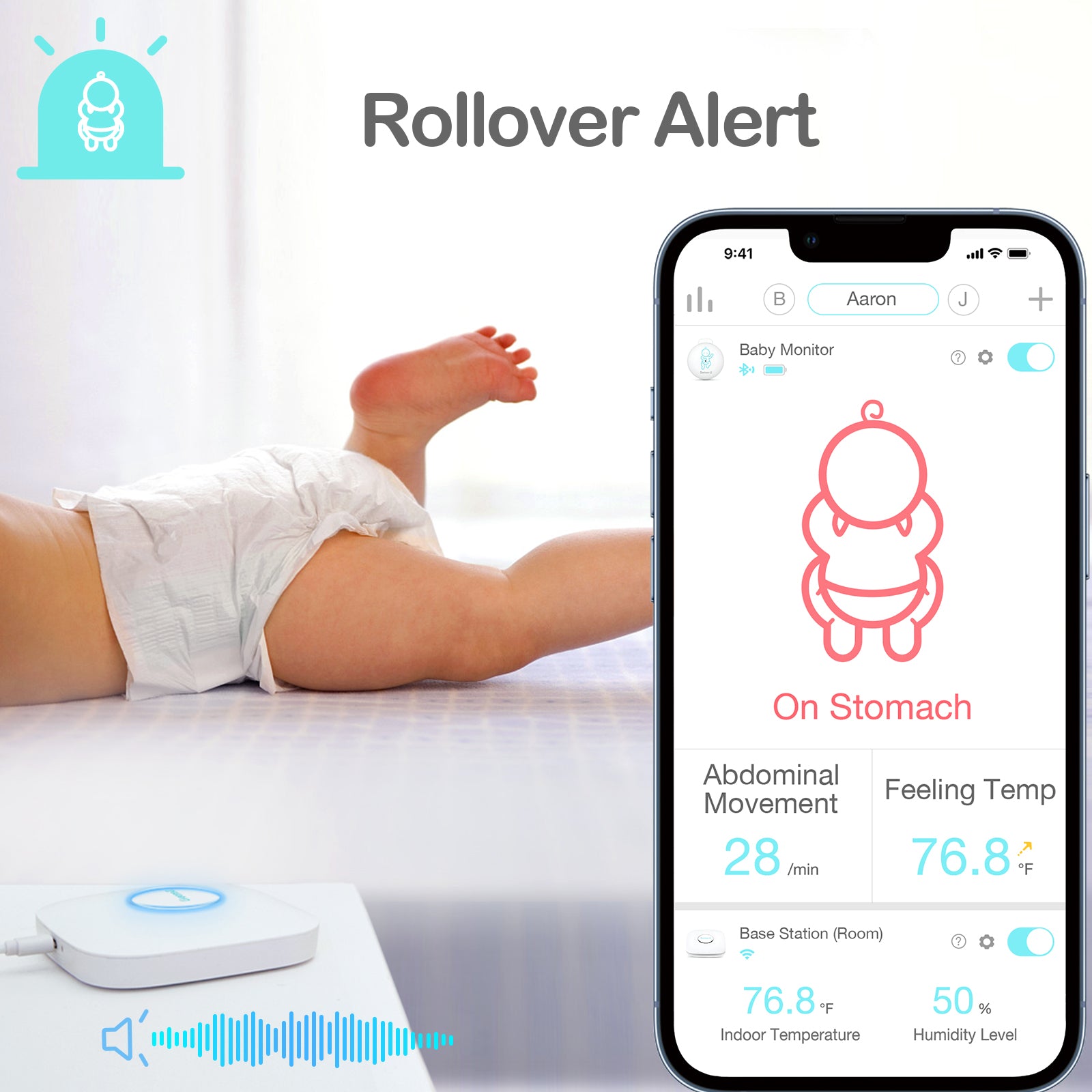 Baby Monitor 3: Tracks breathing movement, rollover, temp